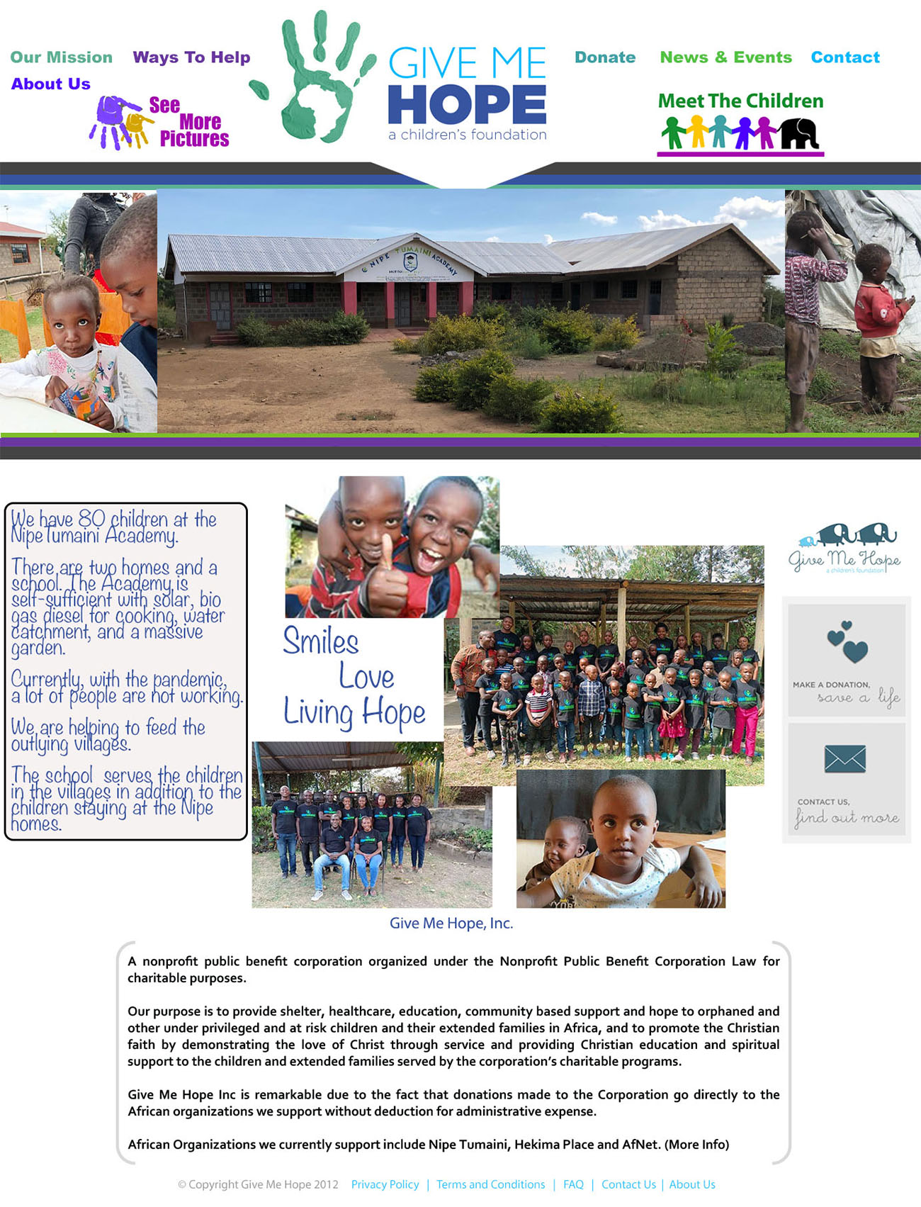 Give Me Hope Inc Page graphic with links and Kenyan Kids